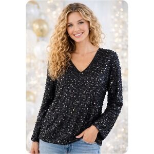 Lisa Ashley Black Sequin Statement Top V-Neck Evening Party Blouse M